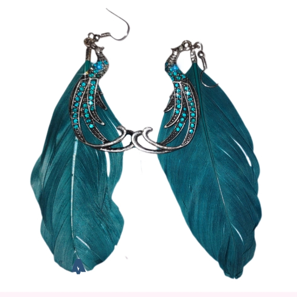Teal Blue Feather Earrings with Jeweled Peacocks - Picture 3 of 13